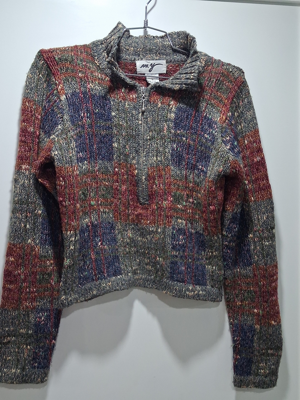 Vintage Cropped Multicolor Zip-Front Wool-Blend Sweater